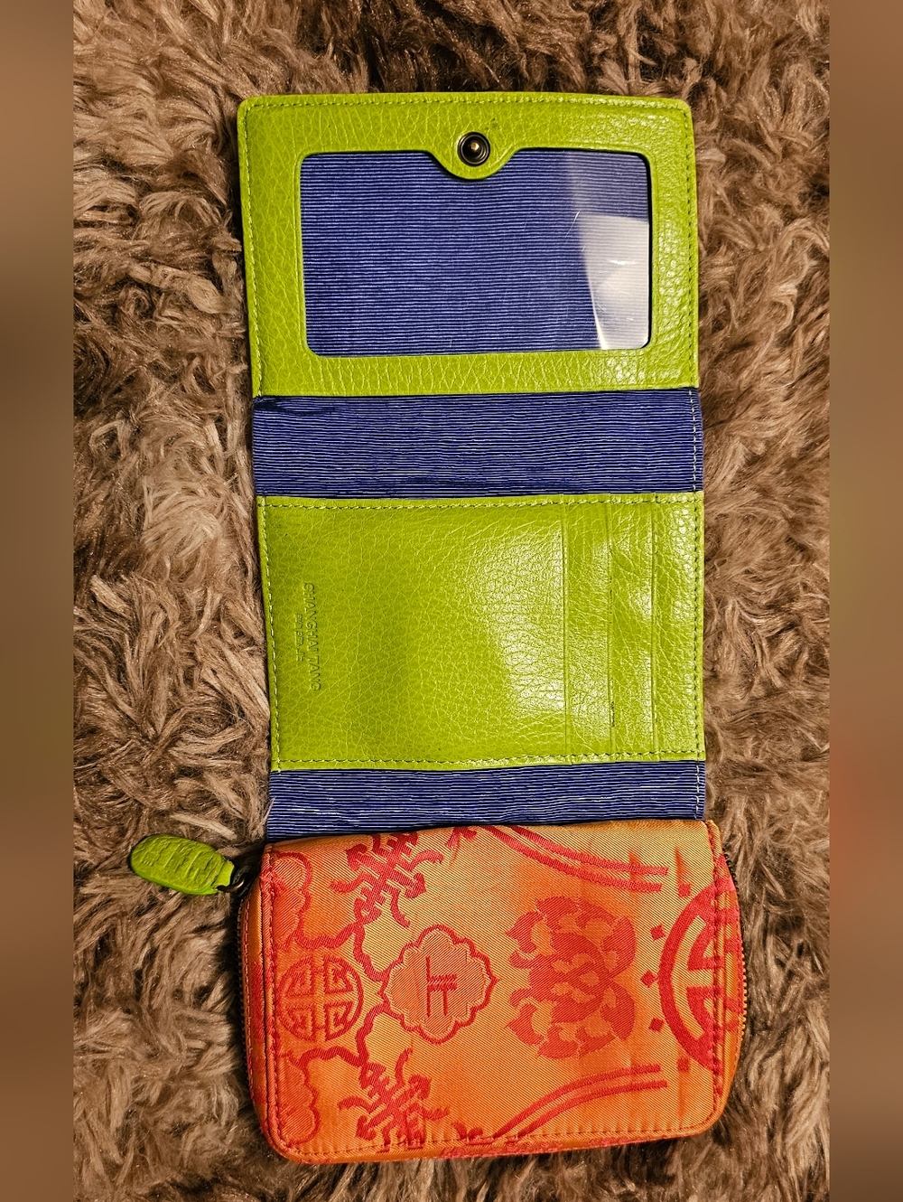 Shanghai Tang Bright Lime & Navy Trifold Wallet with Orange Printed Coin Pouch